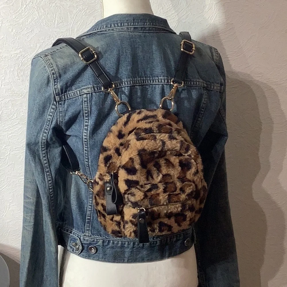 Faux Fur leopard animal print small backpack - fun playful - faux leather strap